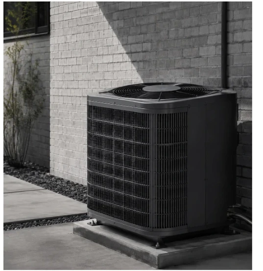 Residential HVAC condenser unit beside a brick home
