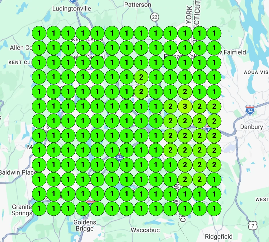 Google ranking grid — Lumar Plumbing ranked #1 across Putnam County, NY